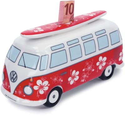 BRISA VW Collection - Volkswagen T1 Bulli Bus spaarpot-varken-blik met surfplank, cadeau-idee/fansouvenir (keramiek/schaal 1:18)