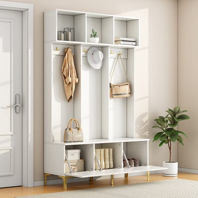Halkasten - 120x40x191,5 cm - Garderobenset Met Bank, Open Opbergruimte, 6 Gouden Haken En Poten - Hout - Wit