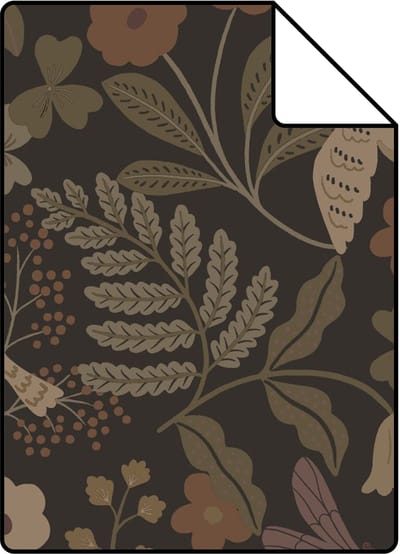 Proefstaal ESTAhome behang bloemen en vogels donkerbruin, olijfgroen en lila paars - 26.5 x 21 cm - 139872-S