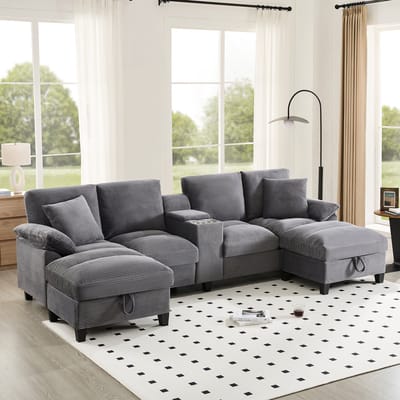 MODENUIT Sofa 293 x 142 cm - U-vorm Met Opbergruimte, Usb En Bekerhouders - Voor Woonkamer - Cord Grijs