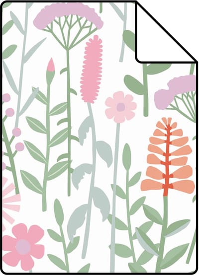 Proefstaal ESTAhome behang veldbloemen groen, wit en roze - 26.5 x 21 cm - 131550-S