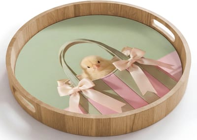 Dienblad rond 40x40 cm - Schootdienblad hout - Kuiken - Geel - Strikjes - Tas - Borrelplank rechthoek - Plateau houten dienbladen