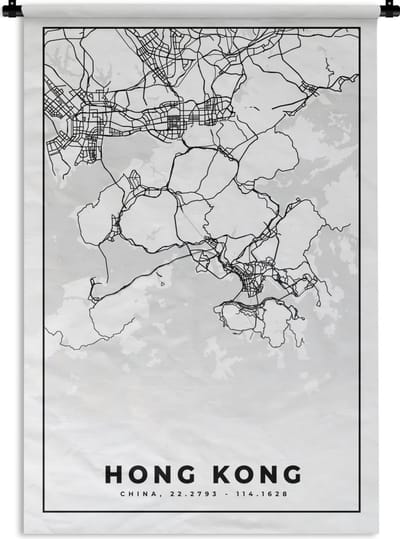 Wandkleed - Wanddoek - Kaart - Hong Kong - Zwart Wit - Stadskaart - Plattegrond - 120x180 cm - Wandtapijt
