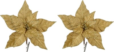 House of Seasons Decoratie bloemen op clip - 2x stuks - goud - 18 cm - polyester fluweel