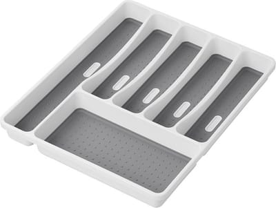 ProPlus Bestekbak - Bestekla voor Caravan - 40.5 x 32.5 x 4.5 cm - Bestekhouder - Bestekbakken - Keuken Organizer - Antislip - 6 vakken - Kunststof - Wit/grijs