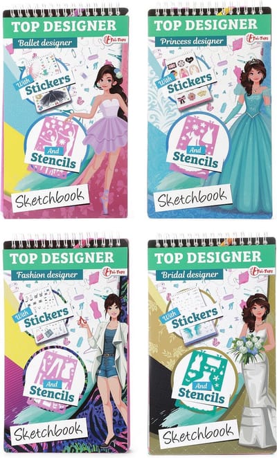 Schetsboek Met Stickers - Tekenen - Kleuren - Activiteitenboek - Model Boek - Top Designer - Tekenboek - Meisje - Verjaardagscadeau - Kinderfeestje - Ontwerpen - Mode Tekenboek - Top Model Design - Modeontwerper Schetsboek - 14 x 25 cm