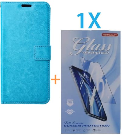 Bookcase Geschikt voor: Apple iPhone 16 Pro Max - Turquoise - portemonnee hoesje - + 1X Tempered Glass Screenprotector