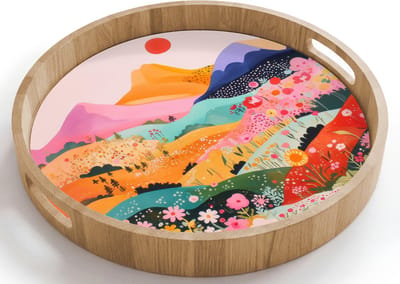 Dienblad rond 40x40 cm - Schootdienblad hout - Kleurrijke bloemen - Bergen - Fantasielandschap - Borrelplank rechthoek - Plateau houten dienbladen
