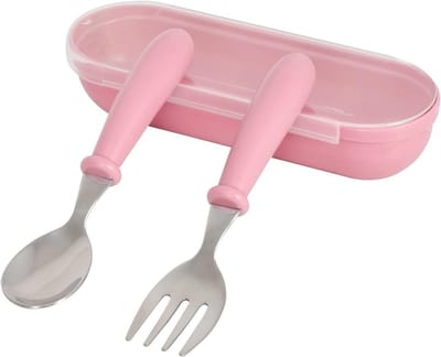 Peuter Bestekset 2 stuks Vork en Lepel Sets RVS Baby Gebruiksvoorwerpen Bestek Set met Reiskoffer voor Kinderen Spenen en Leren Gebruiken (Roze)