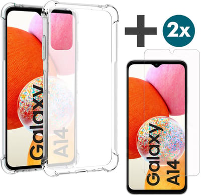 Samsung Galaxy A14 transparant siliconen hoesje - backcover met verstevigde hoeken - Inclusief 2 Stuks Screenprotector - tempered glass