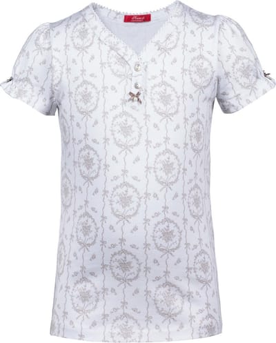Exclusief Luxueus Kinder nachtkleding Luxe mooie zacht beige Girly Pyjama Top van Hanssop met verfijnde rand details en een stylish bijpassend strikje, Meisjes pyjama Top, beige, maat 128