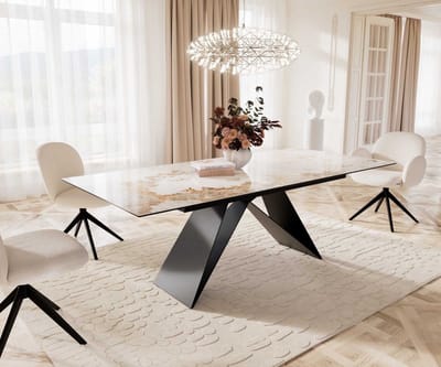 Eetkamertafel Edge keramiek Minas Melange wit-beige 180-220x100 V-frame vlak staal zwart uitschuifbaar
