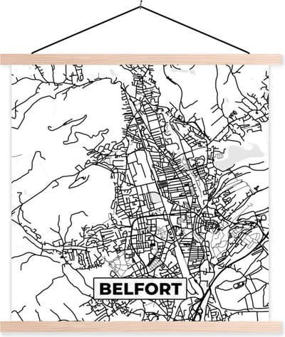 Posterhanger incl. Poster 40x40 cm - Schoolplaat - Kaart - Frankrijk - Stadskaart - Plattegrond - Belfort - Zwart wit - Textielposter - Blanke latten - Stadskaart