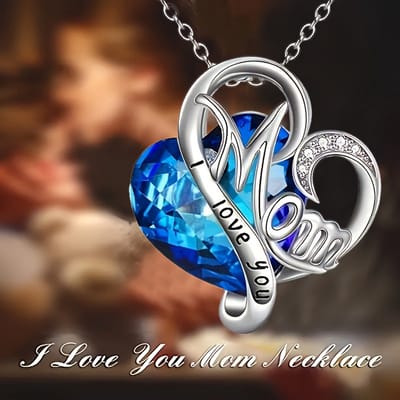 Sjika - Moeder Ketting Dames – I Love You Mom Hart Ketting met Blauwe Kristal Steen – Cadeau voor Moeder – Zilverkleurig - Cadeau voor haar