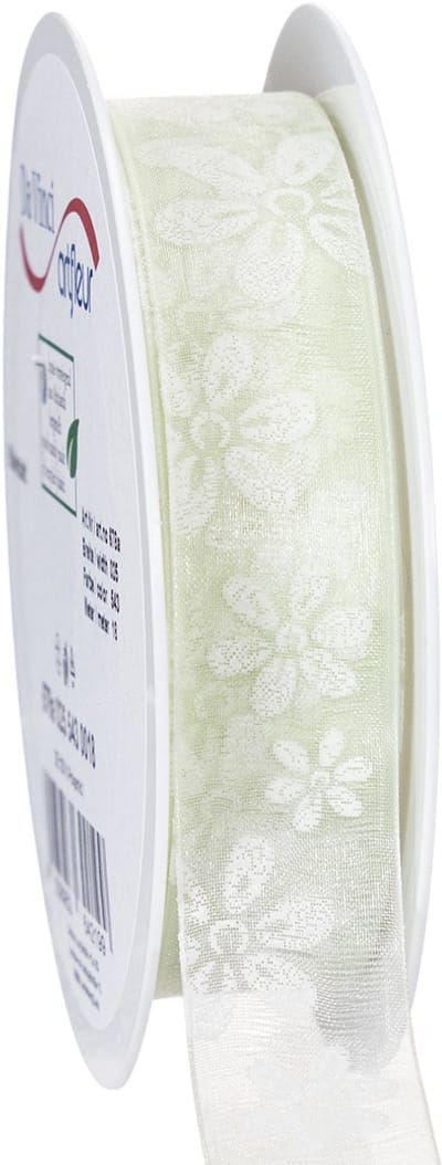 Organza lint, bloemenmotief, cadeaulint, groen, 25 mm, 18 m