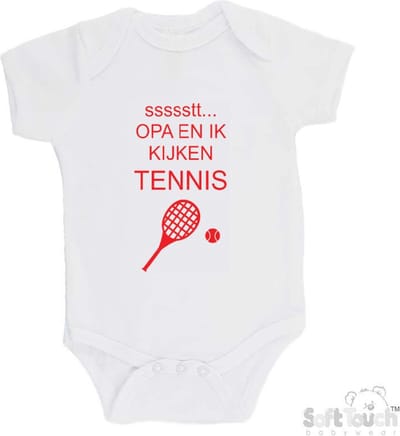 100% katoenen Romper "ssssstt... Opa en ik kijken tennis" Unisex Katoen Wit/rood Maat 62/68
