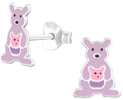 Joy|S - Zilveren kangoeroe oorbellen - 7.5 x 9.5 mm - met baby in de buidel - roze paars - kinderoorbellen
