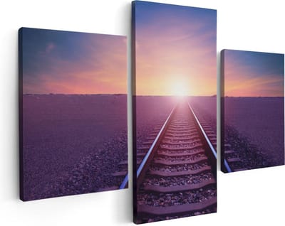 Artaza Canvas Schilderij Drieluik Rails Spoorweg In De Woestijn Bij Zonondergang - 90x60 - Foto Op Canvas - Canvas Print