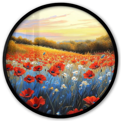 Poster in lijst Rond - Fotolijst 40x40 cm - Posters - Klaproos - Bloemenveld - Kleurrijk - Ronde posterlijst zwart - Decoratie - Wanddecoratie woonkamer - Muurdecoratie slaapkamer