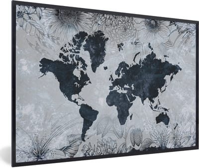 Poster in lijst - Fotolijst 90x60 cm - Posters - Wereldkaart - Bloemen - Vintage - Posterlijst zwart - Decoratie - Wanddecoratie woonkamer - Muurdecoratie slaapkamer