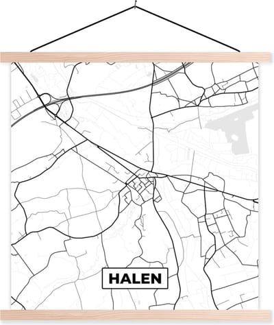 Posterhanger incl. Poster 40x40 cm - Schoolplaat - Kaart – Plattegrond – Stadskaart – Halen – België – Zwart Wit - Textielposter - Blanke latten - Stadskaart