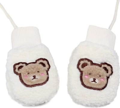 Crème wanten met beertje - 2 tot 3 jaar - baby/peuter wanten - teddy wanten met duim en koord - STUDIO Ivana