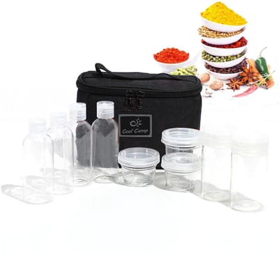 Dailygoods - Joyeee Reiskruidenflessenset, camping, draagbaar, compact, sauscontainer met 9 kruidenflessen, glas voor zout, suiker, droge kruiden, specerijen, ideaal voor thuis of buiten
