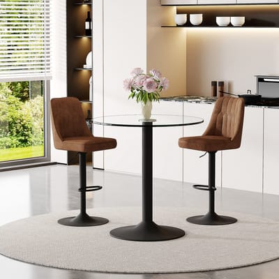 MODENUIT Rond Glastafel Set 89 cm Met 2 Draaibare Barkrukken - Voor Eetruimte En Bar - Glas, Metaal En Technologisch Weefsel - Bruin En Zwart