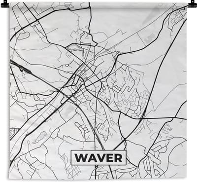 Wandkleed - Wanddoek - Stadskaart – Zwart Wit - Kaart – Waver – België – Plattegrond - 180x180 cm - Wandtapijt