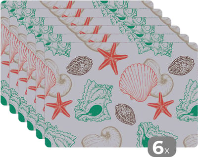 Placemat - Placemats kunststof - Schelpen - Zeester - Strand - Vintage - Patroon - 45x30 cm - 6 stuks - Hittebestendig - Anti-Slip - Onderlegger - Afneembaar