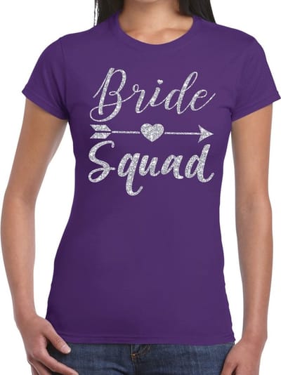 Bride Squad Cupido zilver glitter tekst t-shirt paars dames - dames shirt Bride Squad- Vrijgezellenfeest kleding XS