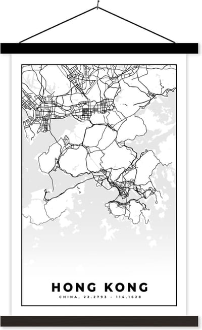 Posterhanger incl. Poster 40x60 cm - Schoolplaat - Kaart - Hong Kong - Zwart Wit - Stadskaart - Plattegrond - Textielposter - Zwarte latten - Stadskaart