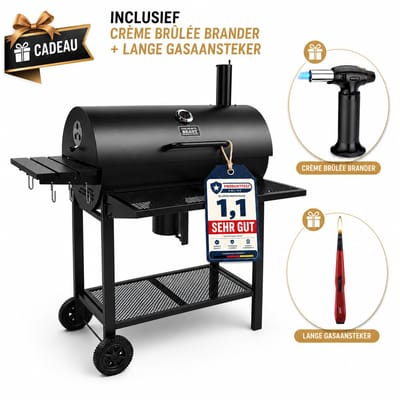 Houtskool BBQ - Smoker Barbecue XL - BBQ met Wielen - 70x37cm Grilloppervlak - Zijpanelen - Zwart - Inclusief Crème Brûlée Brander en Gasaansteker als Cadeau