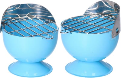 Excellent Houseware Asbak - Set van 2x stuks - in BBQ vorm - metaal - 12 cm - blauw - voor binnen / buiten