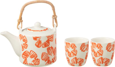 J-Line theepot Bloemen - keramiek - oranje - doos van 3 stuks