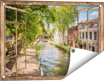 Gards Tuinposter Doorkijk Oudegracht in Utrecht - 60x40 cm - Tuindoek - Tuindecoratie - Wanddecoratie buiten - Tuinschilderij