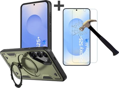 Hoesje Geschikt voor Samsung Galaxy S25 Plus met gehard glas Screenprotector - Armor hoes met Ringhouder - Arara backcover - Olijfgroen