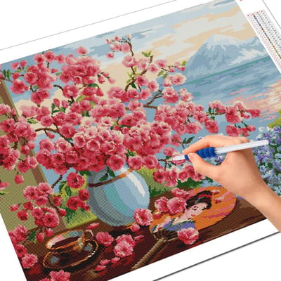 Peinture diamant thème fleurs de cerisier, Kit artisanal complet 5D, broderie complète de diamants carrés, décoration murale de paysage floral, à faire soi-même Full Round 20X30CM gray