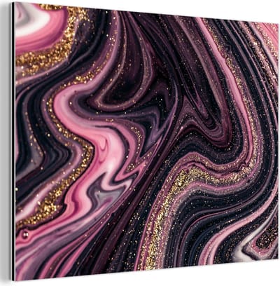 Wanddecoratie Metaal - Aluminium Schilderij Industrieel - Marmerlook - Roze - Paars - Goud - Luxe - Marmer - 120x90 cm - Dibond - Foto op aluminium - Industriële muurdecoratie - Voor de woonkamer/slaapkamer