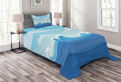 ABAKUHAUS Golven-bedspreien-set – 170x220 cm – Blauwe oceaanprint, kussensloop 75x50 cm