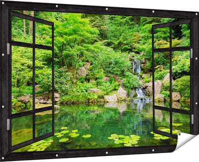 Gards Tuinposter Doorkijk Panorama van Japanse Tuin - 180x120 cm - Tuindoek - Tuindecoratie - Wanddecoratie buiten - Tuinschilderij