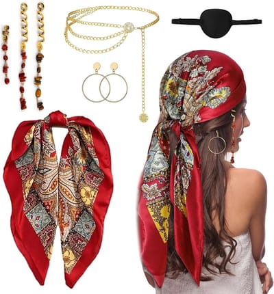 Piratenkostuum accessoires voor vrouwen - Hoofdband, Oorbellen, Oogmasker en Tailleketting voor Carnaval en Halloween
