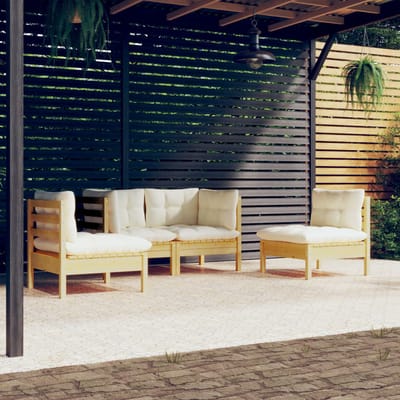 vidaXL - 4-delige - Loungeset - met - crèmekleurige - kussens - massief - grenenhout