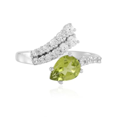 Cavill - Zilveren Ring met Peridoot 1.005 ct en 0.698 ct Zirkonia - 925 Sterling Zilver - Platina Verguld - Druppelvormig - Luxe Sieraad