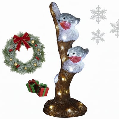 Lomera Kerstfiguur Acryl - Vogels op Tak - LED Verlichting - Werkt op Batterijen - Binnen en Buiten - Timerfunctie - Ip44 Batterijbox - Acryl Materiaal - Kerstverlichting Figuren - Decoratieve Verlichting - 30 LED