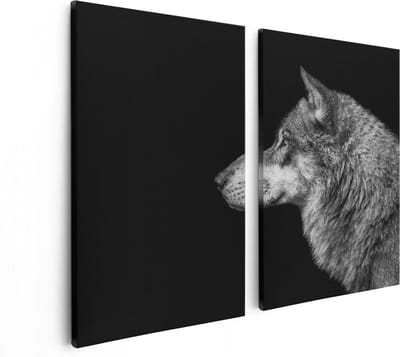 Artaza Canvas Schilderij Tweeluik Wolvenkop - Wolf - Zwart Wit - 80x60 cm - Wanddecoratie Woonkamer - Schilderijen - Muurdecoratie