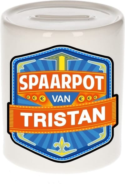Bellatio Decorations Kinder spaarpot met naam - Tristan - keramiek - met dop - wit - Sparen - Spaargeld van Tristan
