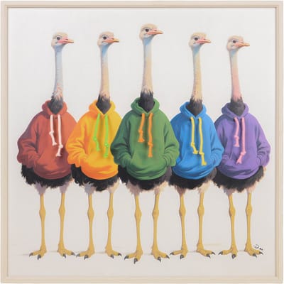 UNUS® Wandbeeld struisvogels met kleurrijke hoodies 3D 80x80 cm Wall art - Schilderijen - wanddecoratie muurdecoratie - Woonkamer - keuken - hal - Kinderkamer - Tienerkamer - beeldjes voor binnen - dier - humor