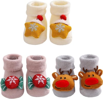 Schattige rammelaarsokken voor baby's, kerstthema, antislip, warm katoen, 0-12 maanden, ideaal als babycadeau
