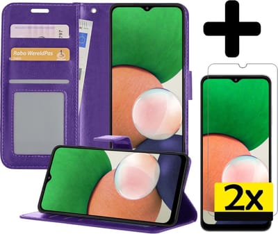 Hoesje - Met 2x Screenprotector - Geschikt voor Samsung Galaxy M22 - Luxe Pasjeshouder - Bookcase Portemonee - Flip Case - Kunstleer Book Case - Flipcase Hoes - Book Cover - Walletcase - Portemonneehoes - Telefoonhoesjes - Paars